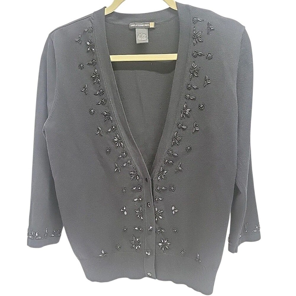 Sweaterworks Knit Beaded Flowers Black Cardigan Sz L